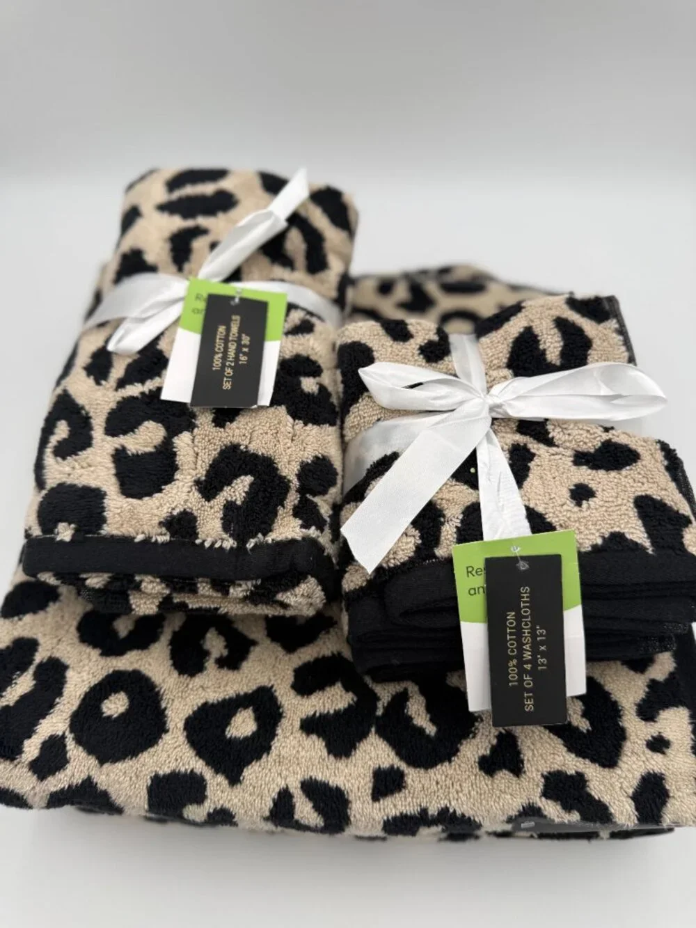 Rachel Zoe Leopard Print 8 Pc Bath Towel Set 100% Cotton Beige Black NWT